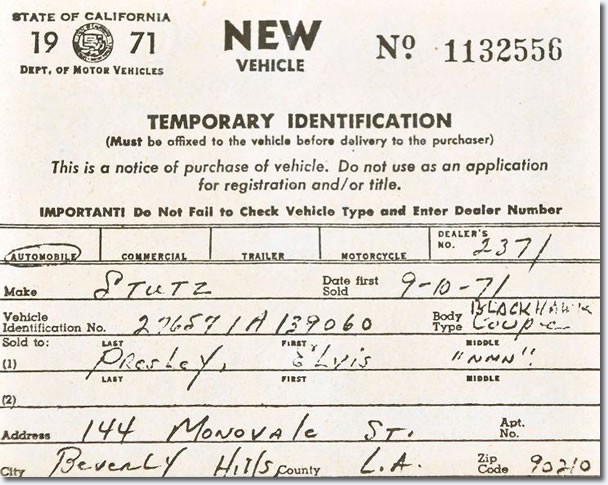 Temporary Registration for Elvis' 1971 Stutz Blackhawk