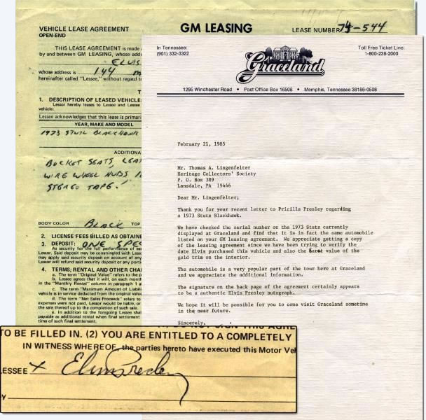 Elvis Presley Signed Lease for 1973 Stutz Blackhawk III and letter from Graceland