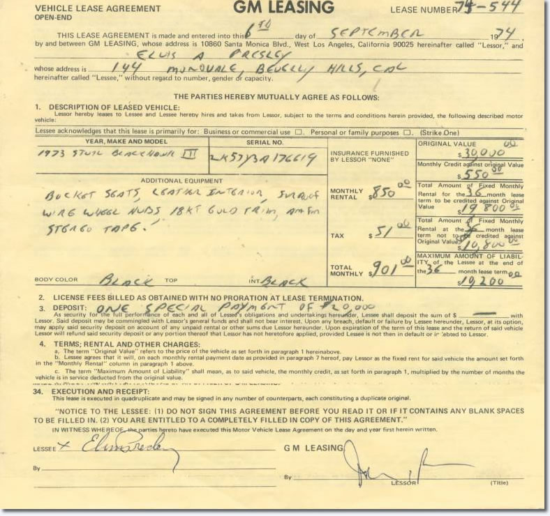 Elvis Presley Signed Lease for his 1973 Stutz Blackhawk III